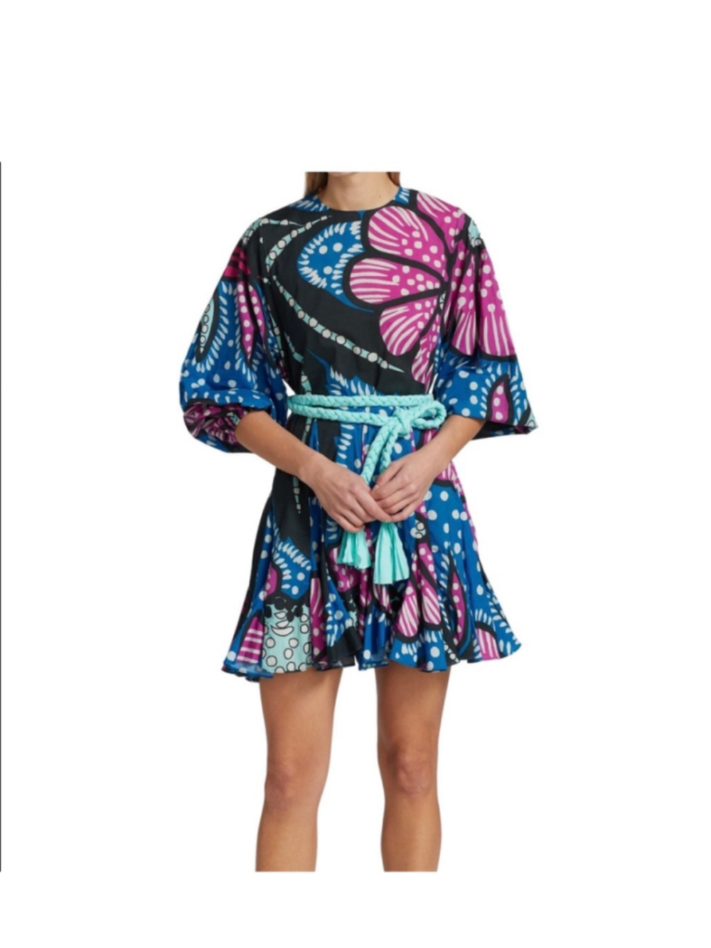 RHODE Ella Blue Pink Butterfly Print Cotton Mini Dress Belted Size S